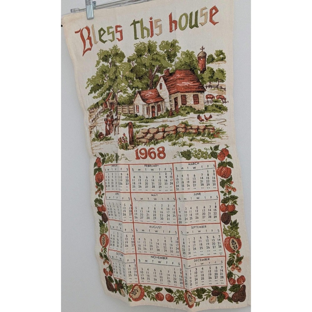 Vintage 1968 Calendar Tea Towel Bless This House Farmhouse Fruit